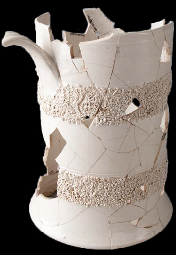 Wheel thrown mug with bands of rustification, recovered from South Grove Midden at Mount Vernon.  Photo courtesy of Karen Price, Mount Vernon Preservation.&nbsp;  